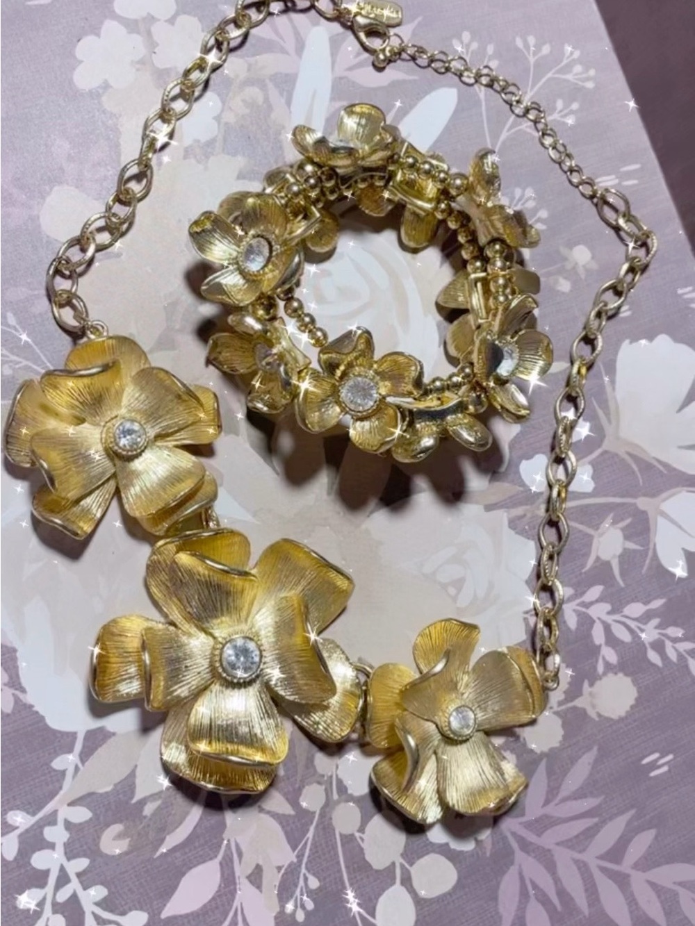Natasha Couture Gold Floral Statement Necklace and Bracelet Set